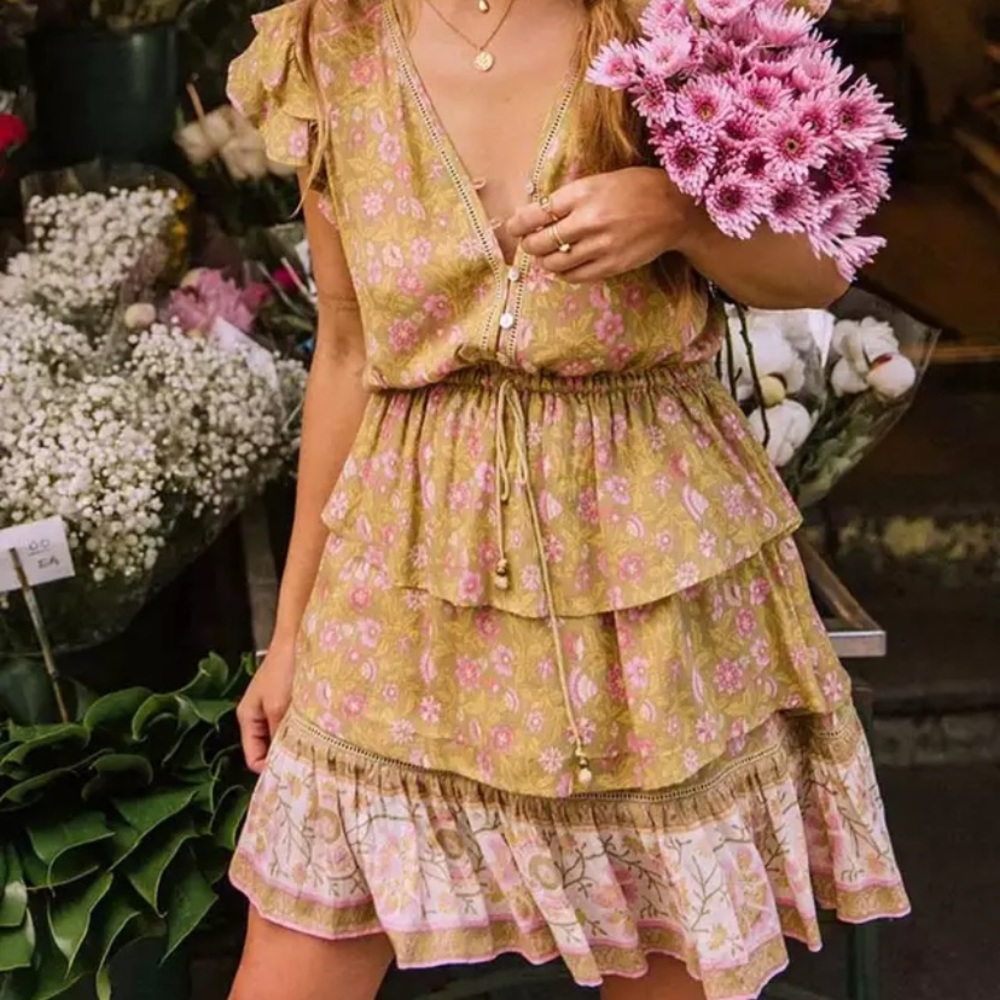 Green Floral Boho Retro Tiered Ruffle Mini Dress - Picture 2 of 12